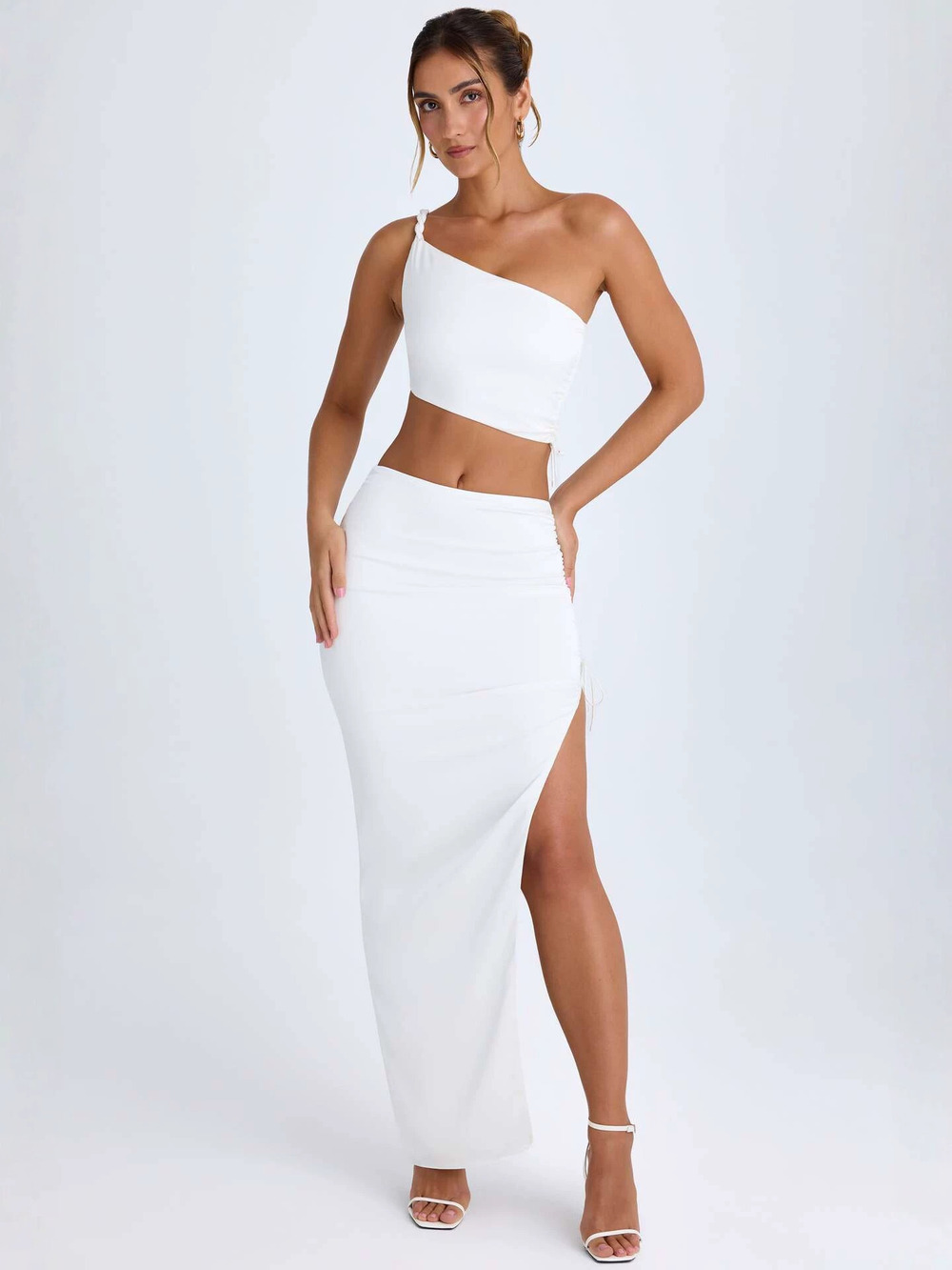 Zara Off Shoulder 2-Piece Set Drawstring Waist High Slit Slim Maxi Skirt